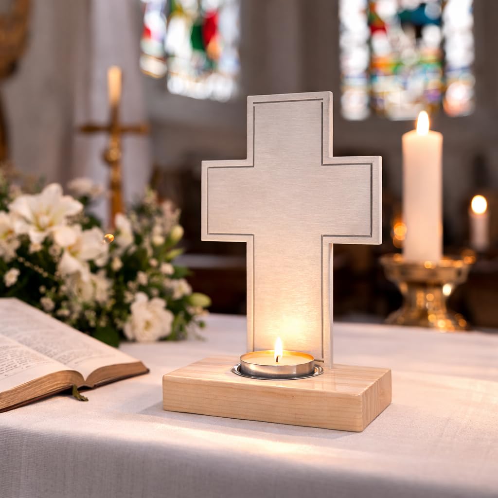 Fritz Cox Stehkreuz mit Teelichthalter - moderne Symbolik und Spiritualität | Edelstahlkreuz und stabiler Holzsockel | z.B. für einen Tisch-/Trauer-Altar zuhause oder Gedenkstätte | 20cm