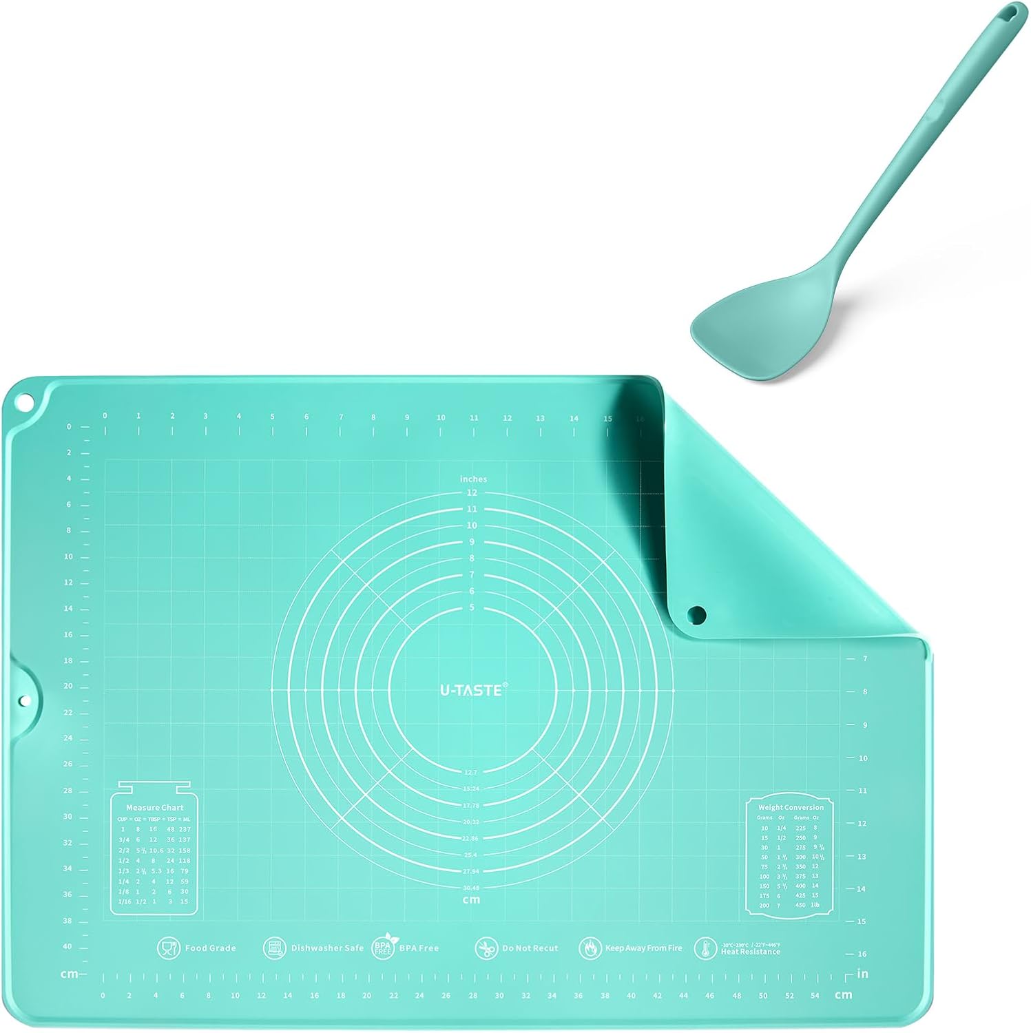 U-Taste 28"x20" Large Food-Grade Liquid Silicone Pastry Mat and 600ºF Heat Resistant 13.76" Long, 3.63" Wide Wok Spatula for Kitchen Stir Fry (Aqua Sky)