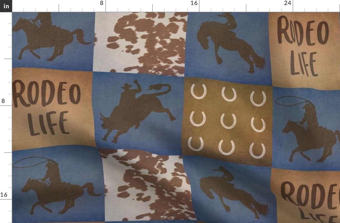 Spoonflower Fabric - Rodeo Life Patchwork 7 Inch Western Cowboy Quilt Brown Blue Bull Calf Printed on Organic Cotton Sateen Fabric by The Yard - Sewing Quilting Apparel Home Decor