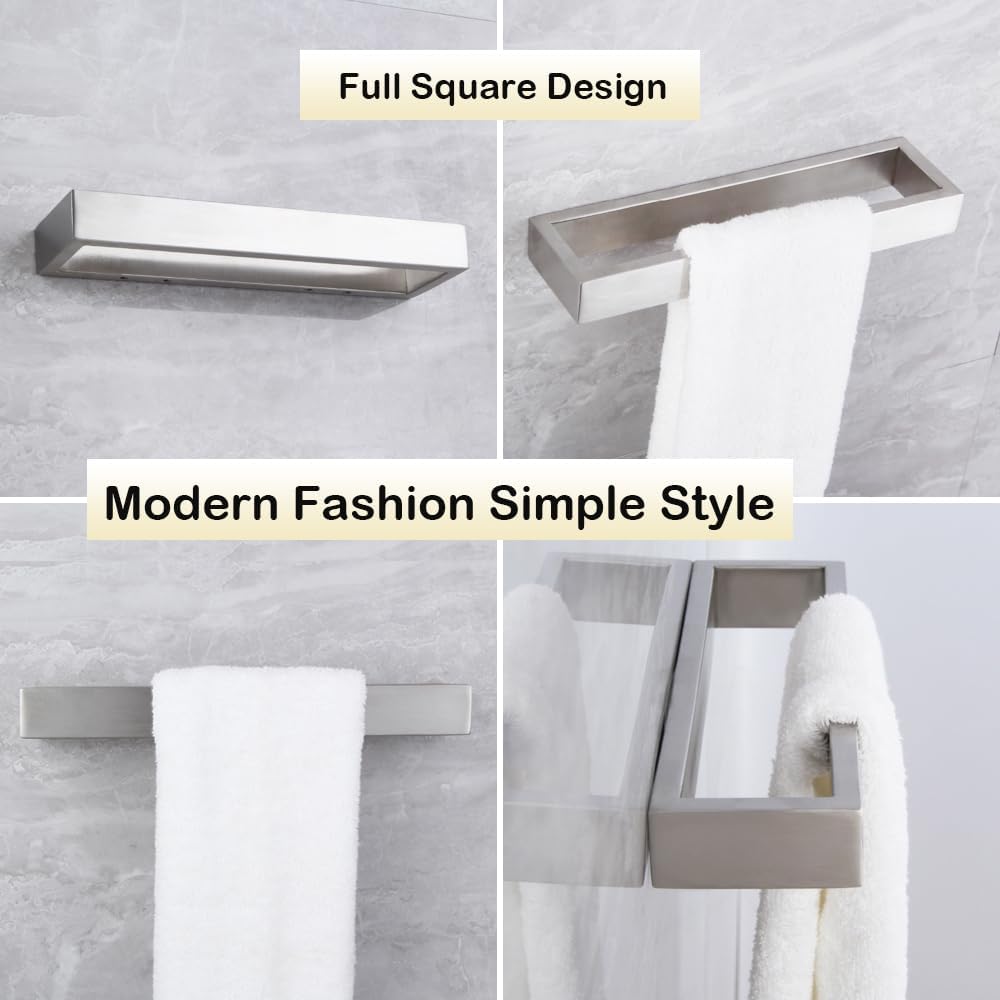 Bathroom Towel Ring Wall Mounted Hand Towel Bar Modern Square Style Towel Rack Brushed Stainless Steel, D69018BN