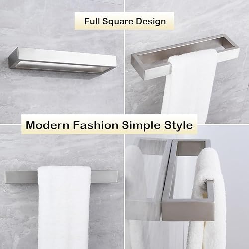 Miniatura 3 de Toallero de baño con anillo montado en la pared, barra de toalla de mano moderna cuadrada estilo toallero de acero inoxidable cepillado, D69018BN