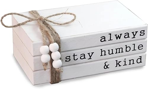 Lavender Inspired Farmhouse Book Decor-Always Stay Humble and Kind Sign-Book Shelf Decor-3 Pieces Faux Wooden Book Stack for Coffee Table