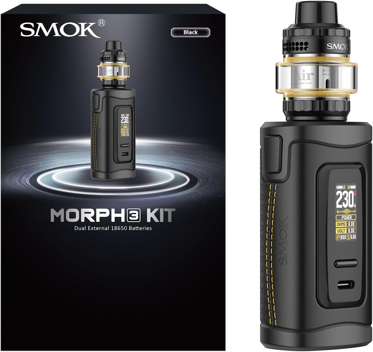 SMOK Morph 3 Box Mod Kit 230 W Vape Device Dual 18650 Batteries Not Included T-Air Subtank 5 ml Top Airflow TA Coil Compatible Type C Quick Charge TFT Display Without Nicotine Black