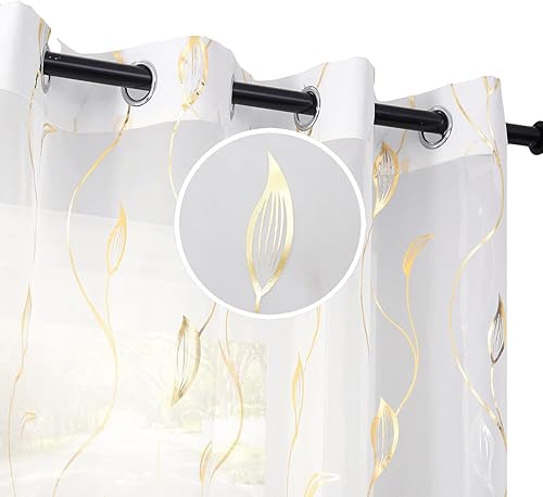 Miniatura 10 de Cortinas transparentes de gasa con estampado de lámina dorada, cortinas de mimbre con ojales en la parte superior de 96 pulgadas de largo, paneles