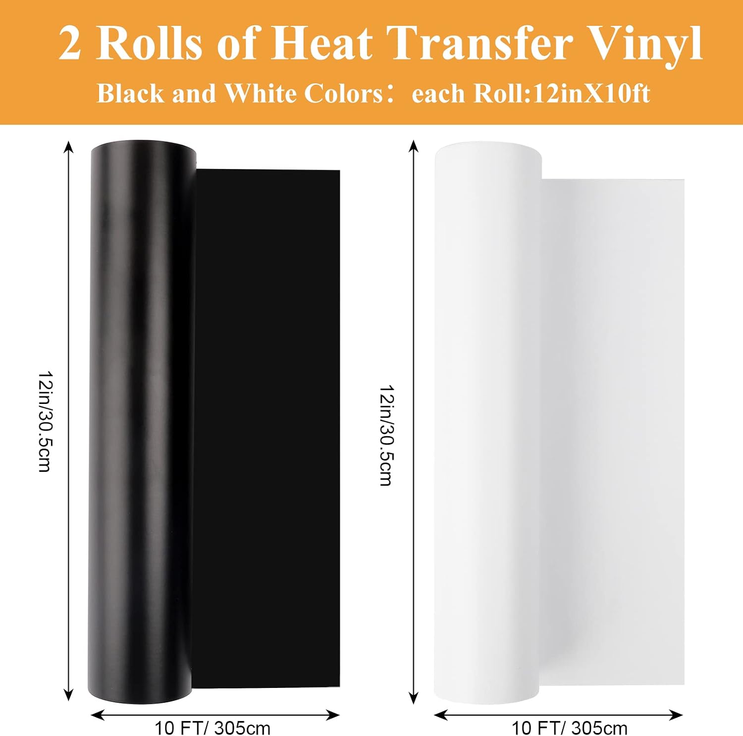 HTV Black and White Heat Transfer Vinyl Rolls, 12" x 20ft HTV Iron on Vinyl for Shirts, Black & White Vinyl for Cricut, Cameo, Heat Press Machines (2 Rolls 12 Inches x 10 Feet Each)