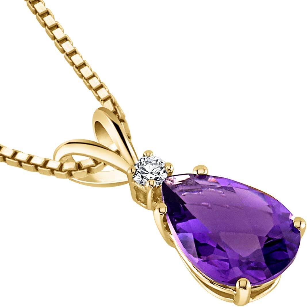 PEORA Solid 14K Yellow Gold Amethyst with Diamond Pendant for Women, Genuine Gemstone Teardrop Solitaire, 1.60 Carats total, Pear Shape, 10x7mm, Real Amethyst Necklace, February Birthstone Necklace