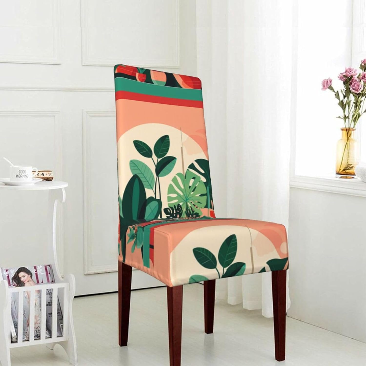 Indoor Potted Green Plants Prints Protection Cover for Dining Chair - Stretchable Chair Throw Covers for Dining Room, Hotel Event Party