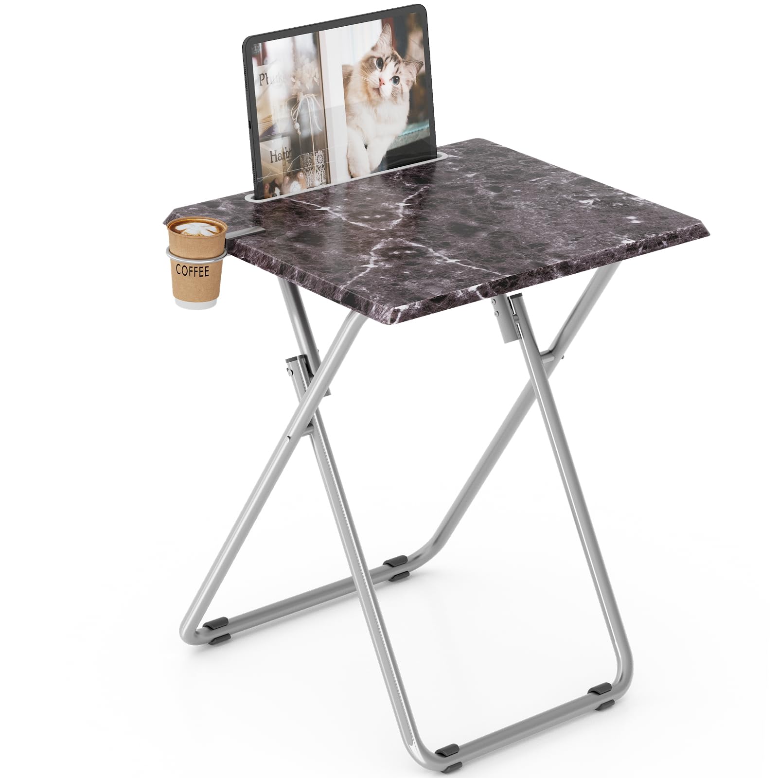 Folding TV Tray Table,TV Dinner Table with Sturdy MDF Top, Foldable Desk with Cup Holder Portable, Eating Trays for Living Room with No Assembly