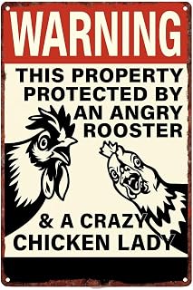 Funny Warning Angry Rooster Crazy Chicken Lady Metal Sign Wall Decor