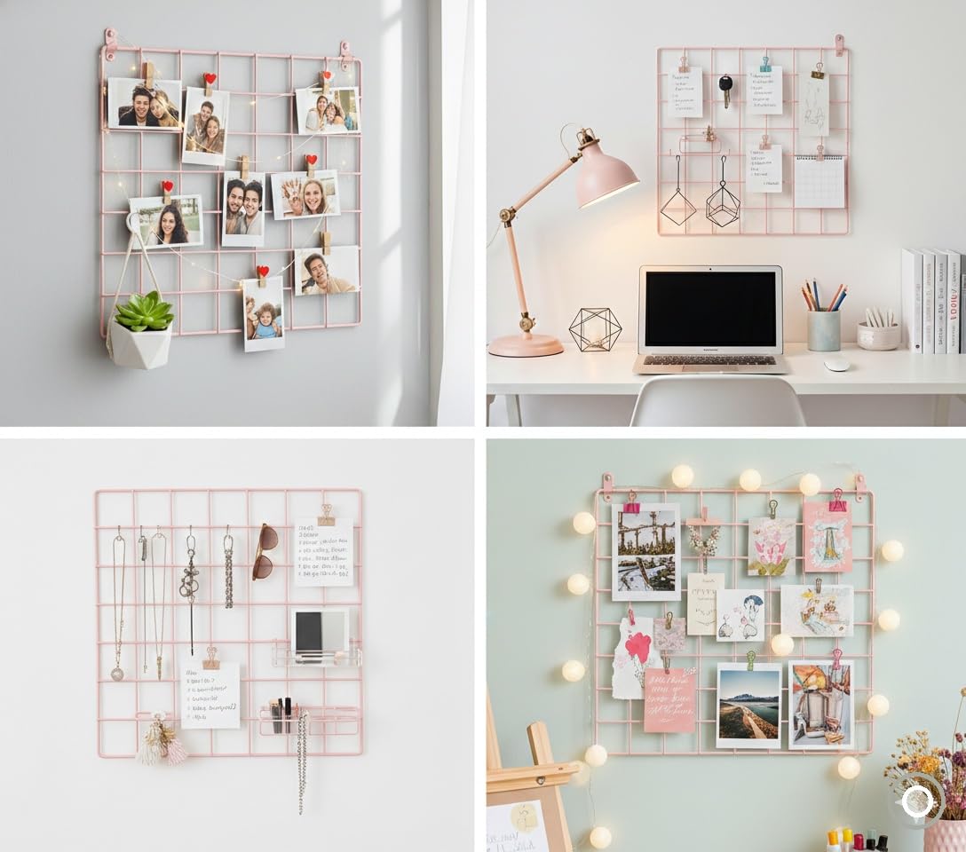Metal Grid Wall Panel, Photo Display Board with Clips, Black Square Mesh Frame, (PINK, 30 X 30 Cm (Pack of 01))-image-11