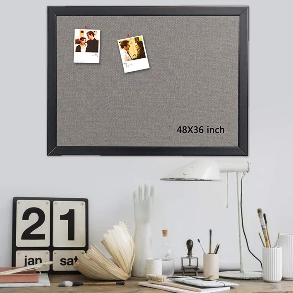 Wood Framed Cork Bulletin Board with Grey Fabric, 36 x 48 Inches in