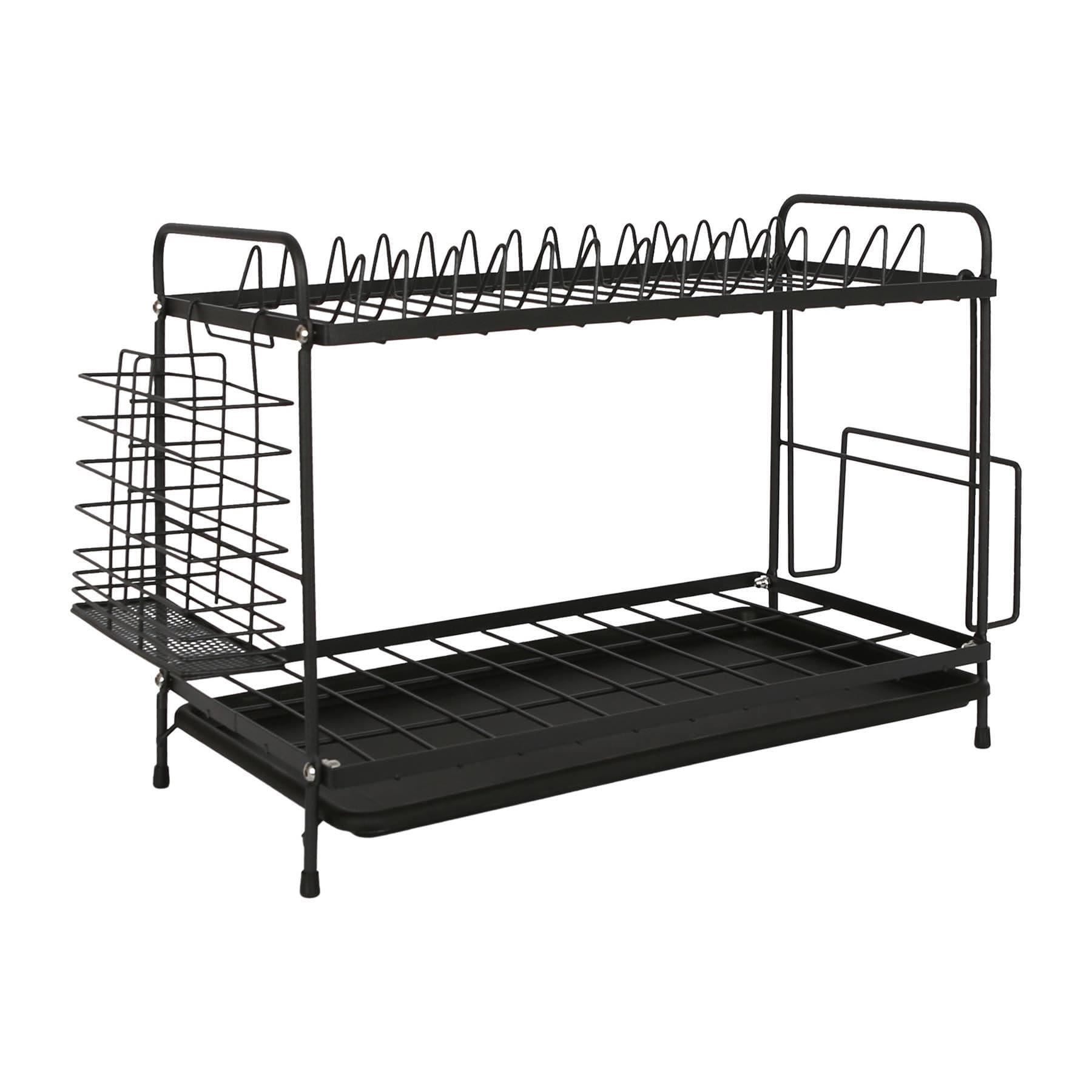 Harbour Housewares Metal Dish Drainer - 2-Tier Rack with Cutlery Holder - Black