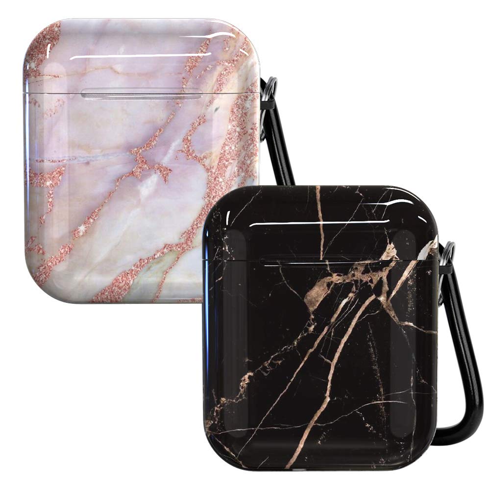 AirPods case, Soft TPU Shockproof Protective Cover Covering The Skin, with Keychain Accessory Set, Suitable for Airpod 1 & 2 - Rose Gold Marble Purple Black White