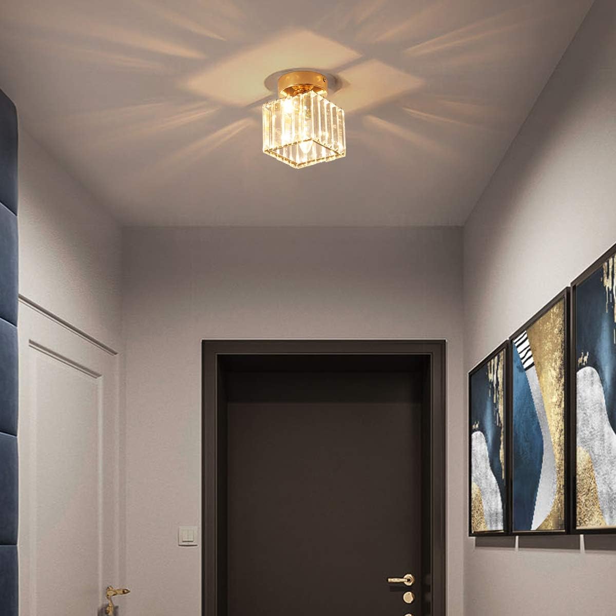 Jaycomey Flush Mount Ceiling Light,Modern Semi Crystal Pendant Light,Gold Glass Ceiling Lamp for Hallway Entryway Bedroom,Square