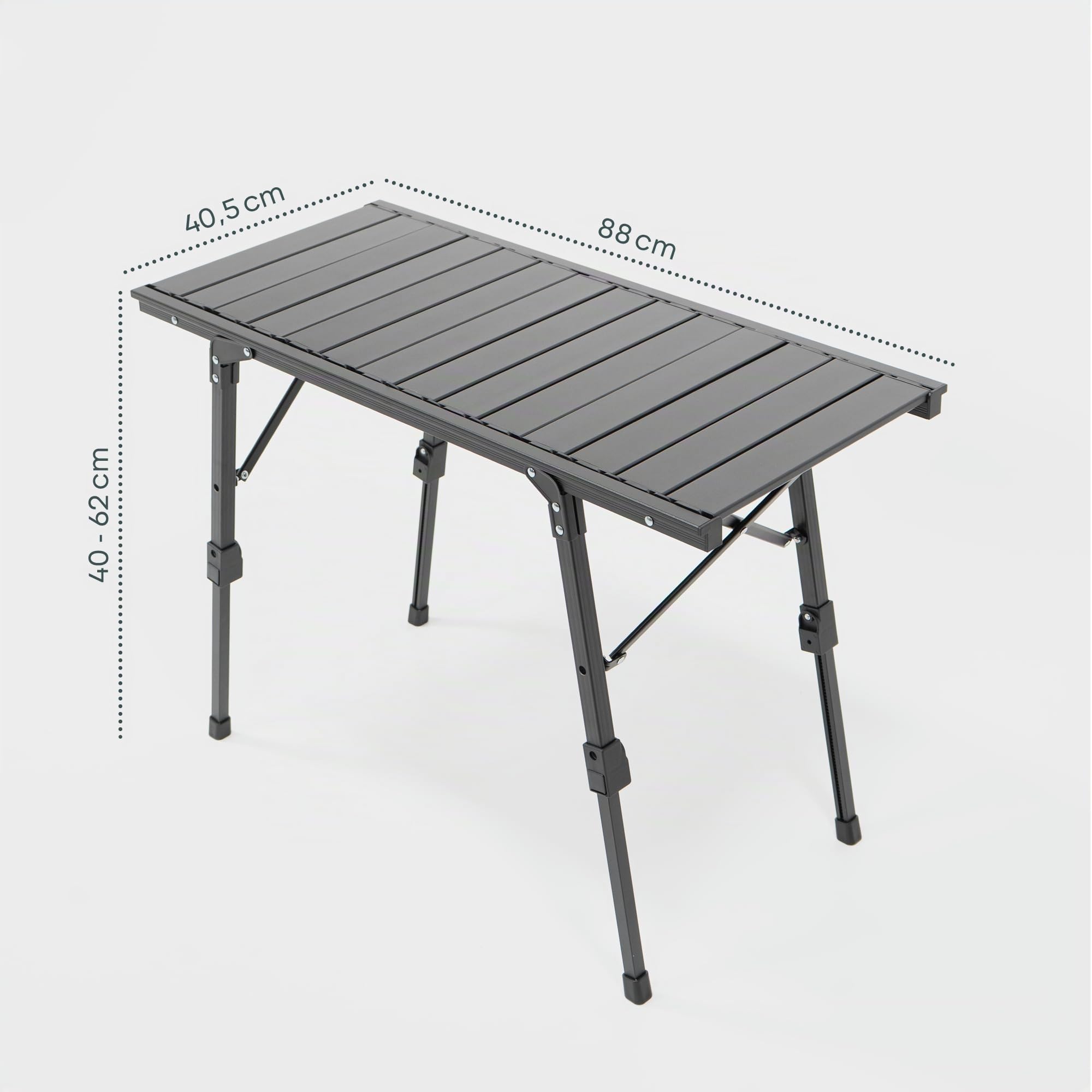 BOXIO - Table : table de camping pliante 88 x 40 cm, résistante aux intempéries, stable et pliable, table d'extérieur réglable en hauteur pour camping, jardin, balcon et camping-car accessoires petite