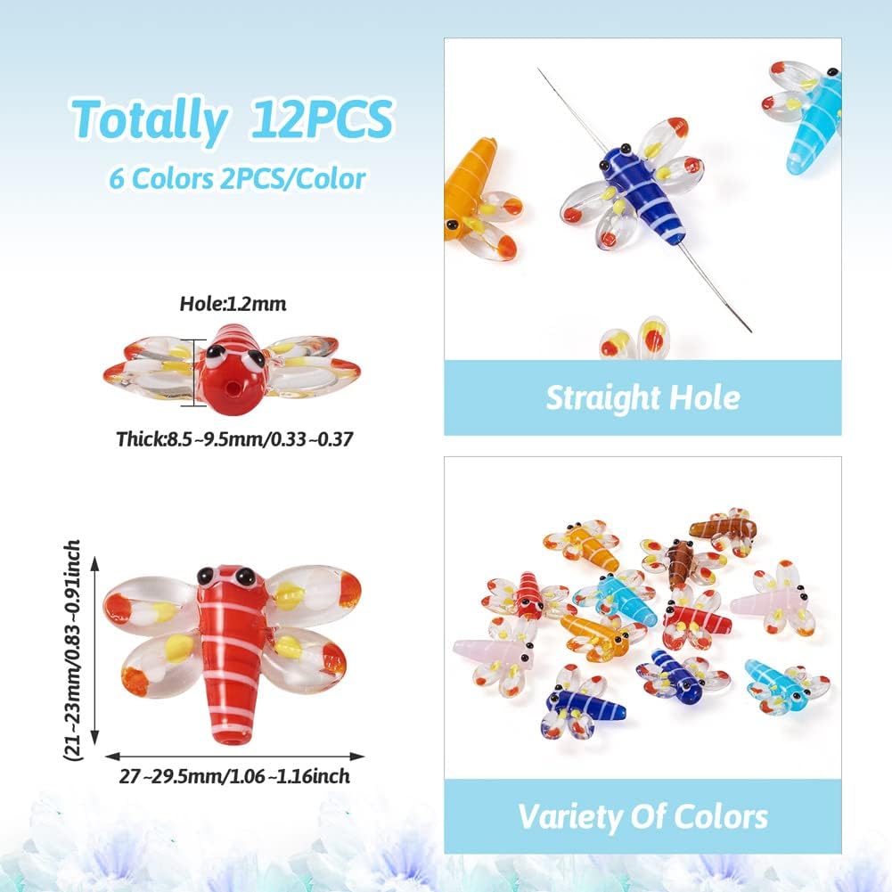 Craftdady 12Pcs Dragonfly Theme Lampwork Glass Beads Handmade Cartoon Animal Insect Glass Beads Loose Spacer Beads 21-23mm for DIY Bracelet Necklace Jewelry Making