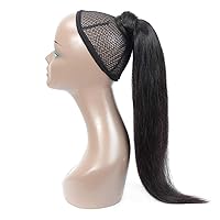 Vista 4 de Extensiones de cola de caballo de cabello humano lacio, color negro natural, pasta mágica envolvente, extensiones de cabello Remy 100% real