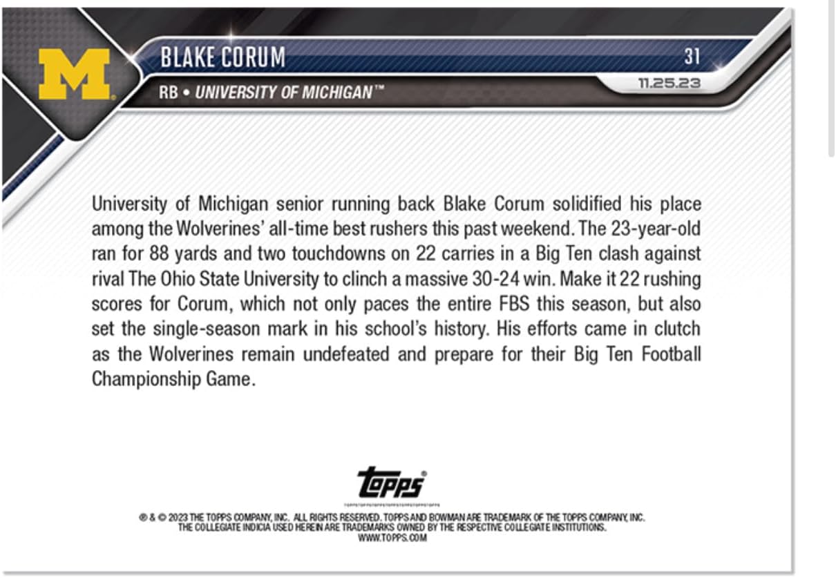 2023 Bow U Now Blake Corum #31-Sets Michigan Rushing Record in Huge Rivalry Win- 11/25/23 - Football NCAA Trading Card- University of Michigan Wolverines. Stated Print Run of Only 1236 Made! Card Shipped in Protective Screwdown Holder.