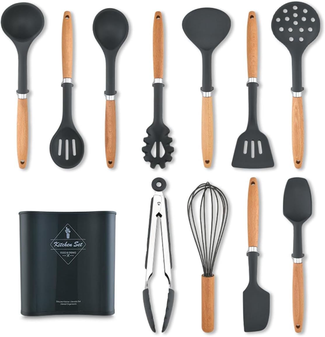 12-piece Silicone Kitchen Utensils Sturdy Thickened Wooden Handle Cooking Utensils Kitchen Gadgets Spatulas Set for Nonstick Cookware