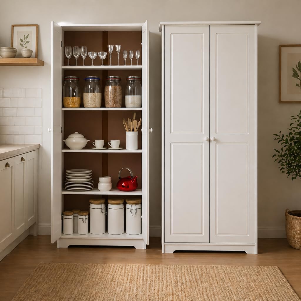 From the Tree Furniture Solid Pine Pantry Cabinet — 72" Tall White Kitchen Storage, Adjustable Shelves, Free-Standing Organizer for Pantry, Laundry or Garage