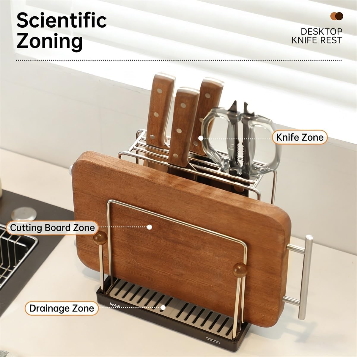 2-in-1 Stainless Steel Knife & Cutting Board Rack with Drip Tray, Multifunctional Kitchen Organizer, Built-in Scabbard for Knives, Board & Lids, Removable Drainage (21.4 x 13 x 22.1cm)