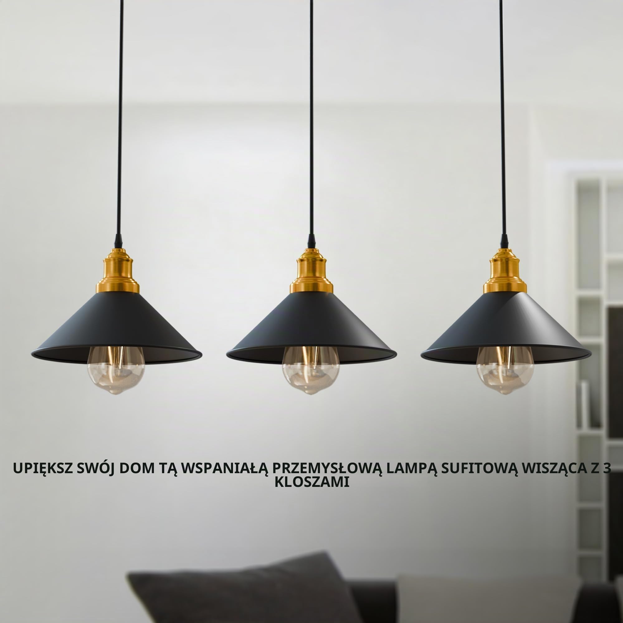 LEDSone 3-głowicowa czarna vintage industrialna lampa sufitowa wisząca klosz loft styl metalowa sufitowa lampa wisząca do wyspy kuchennej, salonu, jadalni E27 UK oświetlenie