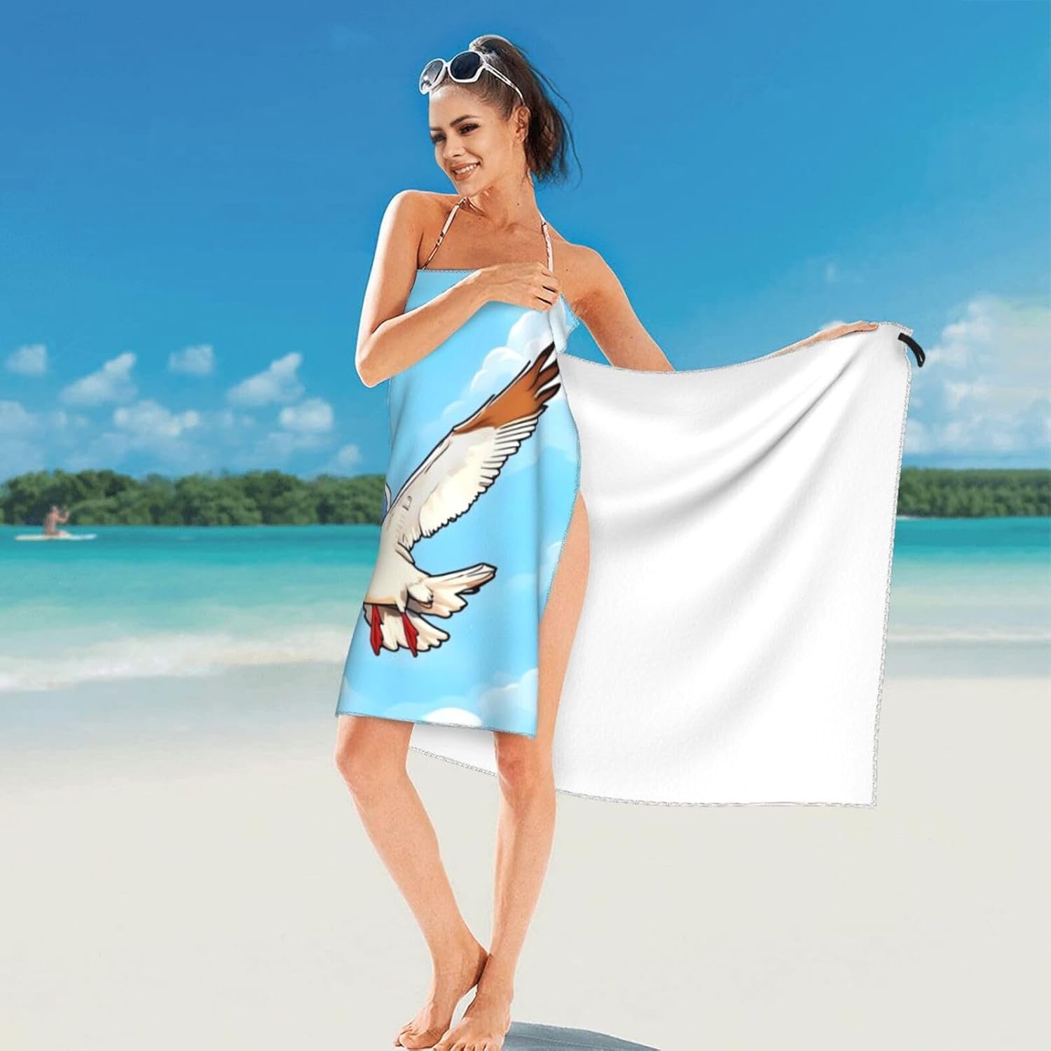 Large Quick Dry Beach Towel Flying Seagulls Printing Microfiber Camping Towels Super Absorbent Travel Beach Towels for Traveling,Hiking,Swimming, Bath,Sports,Yoga (27.5""X55""), White