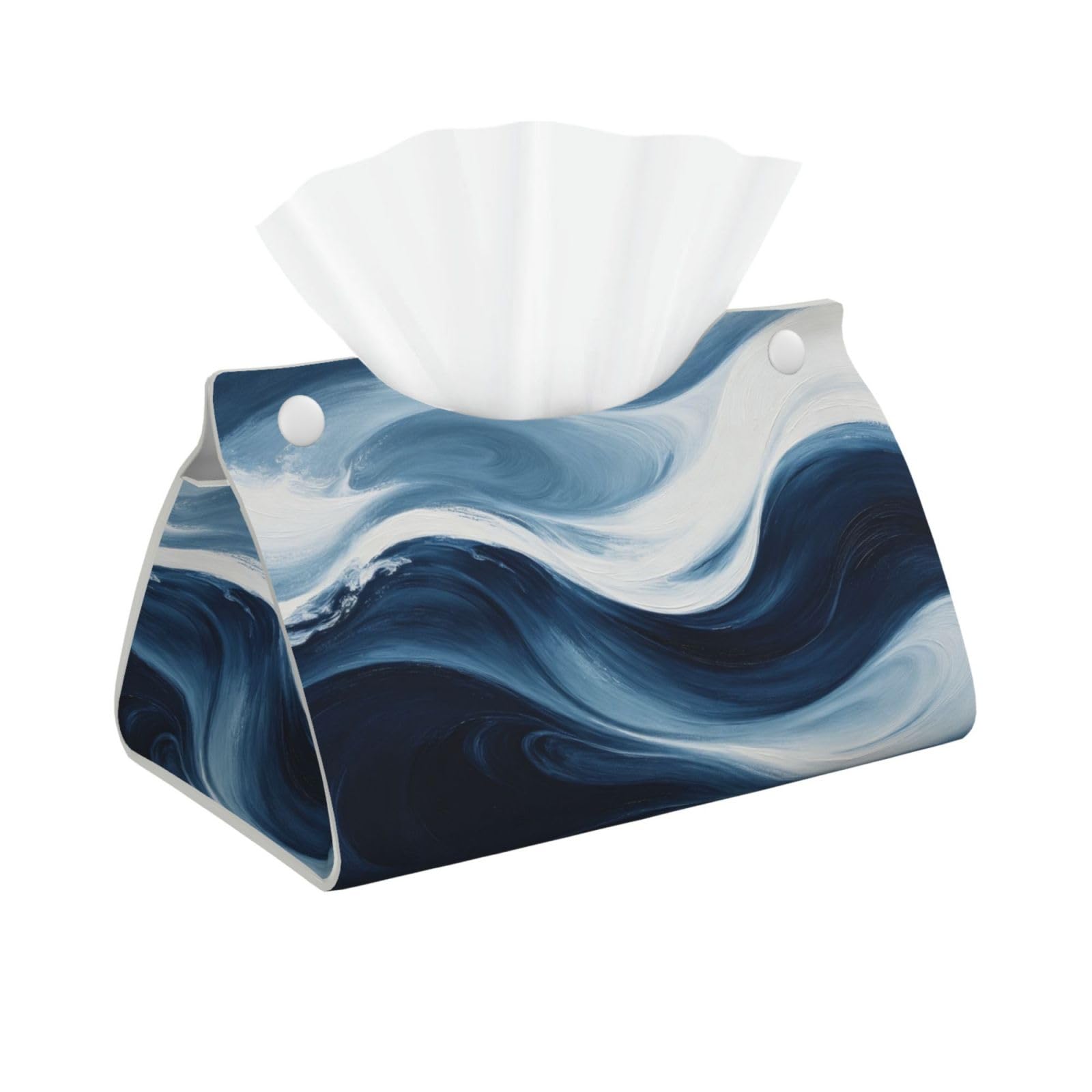 Deep Blue Wave Long Leather Tissue Box Cover-Waterproof PU Leather Tissue Holder for Bathroom, Decorative Rectangular Tissue Case