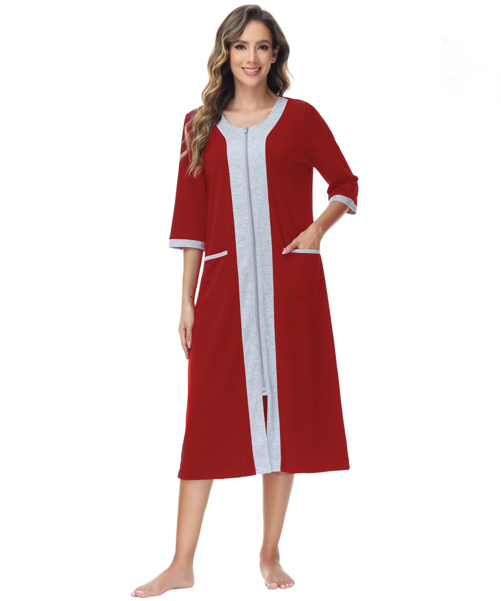 Citridarll Zipper Robes for Women 3/4 Sleeve Housecoats Long Lightweight Bathrobe House Dress with Pockets, Wine Red, Large