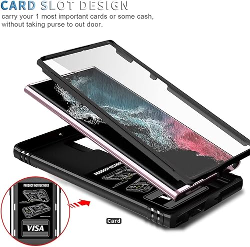 Miniatura 6 de Funda para Samsung Galaxy S22 Ultra con cubierta deslizante para cámara, ranura para tarjeta y soporte de anillo, a prueba de golpes, grado militar