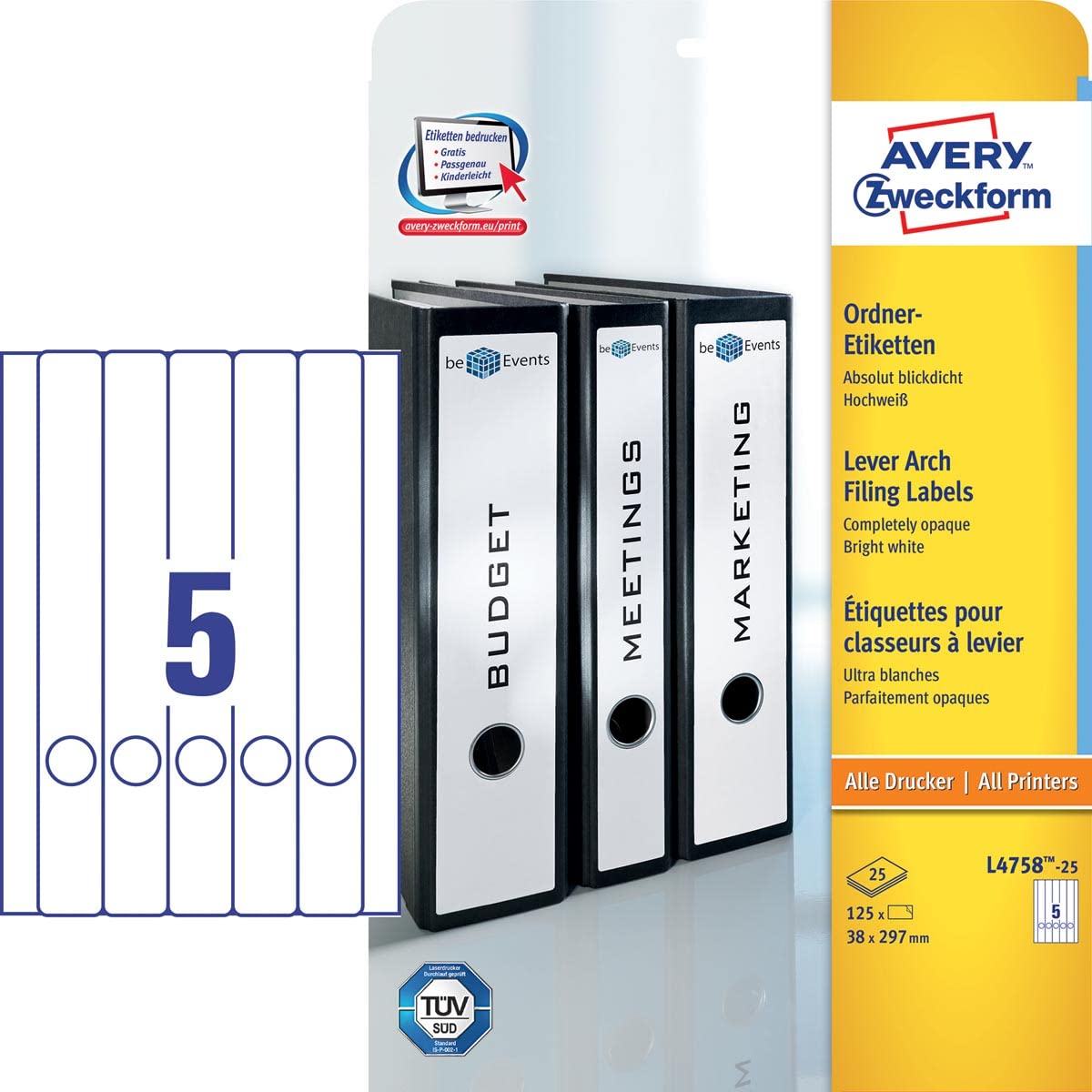 Avery Zweckform Folder Labels for Narrow Folders Long 38 x 297 mm 125 Labels White
