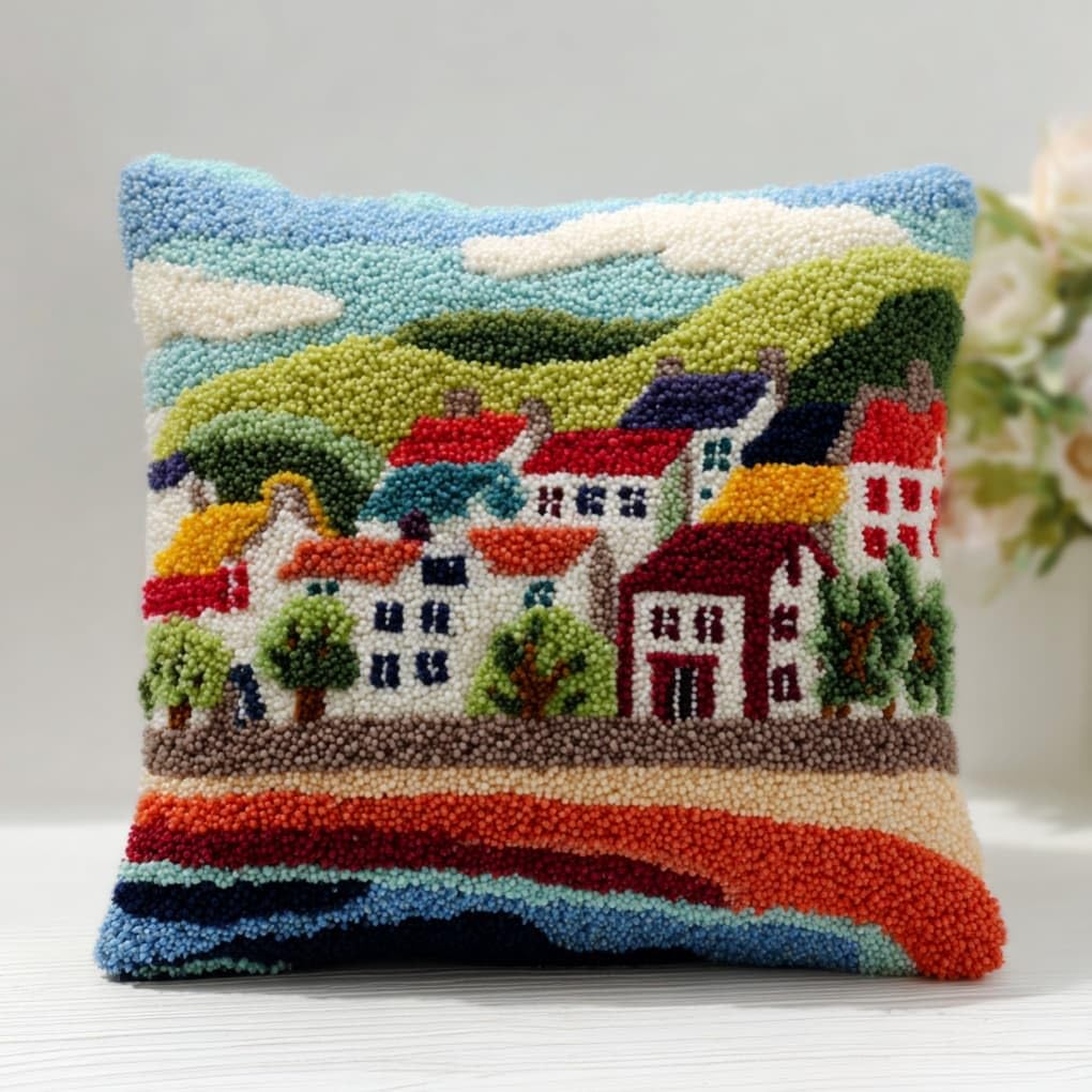 AxiangziK Latch Hook Cushion Kits,Houses DIY Needlework Pillow Cover Cushion Rug Making Kit,17X17Inch Handmade Embroidery Kits, Decorative Throw Pillow Cover for Sofa Cushions, Bedroom Decor