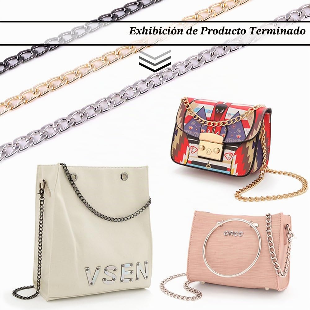 Swpeet Juego de 3 Correas de Cadena Plana de Repuesto de 47 Pulgadas con Hebillas, Bricolaje, Bolsa de Hombro de Metal, Bolsa de Mano, Bolsa de Mano de Repuesto (Oro + Plata +