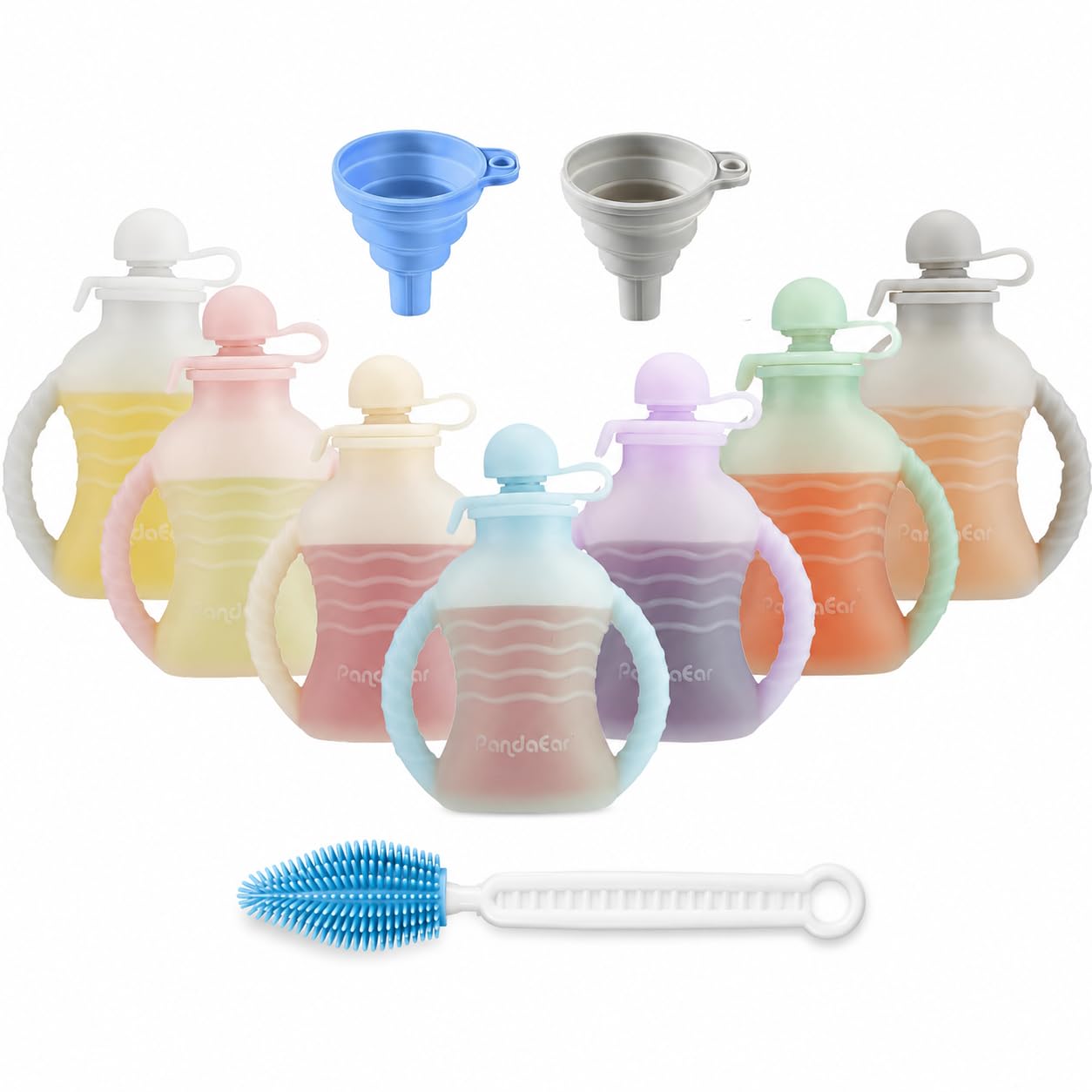 PandaEar 7-Pack Reusable Silicone Baby Food Pouches with Handles, 4oz Refillable Squeeze Pouches for Toddlers & Infants, BPA-Free Self-Feeding Yogurt & Smoothie Bags, Includes 2 Funnels