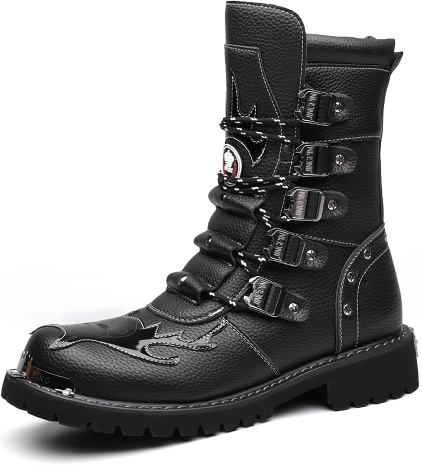 Men's Leather Lace-Up Multi-Strap Motorcycle Boots Round Toe Stylish Non-Slip Tactical Military Boots Suitable For Riding, Working, Rock Music Festivals