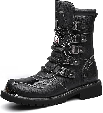 Mens Leather Lace-Up Multi-Strap Motorcycle Boots Round Toe Stylish Non-Slip Tactical Military Boots Suitable For Riding, Working, Rock Music Festivals