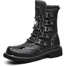 Mens Leather Lace-Up Multi-Strap Motorcycle Boots Round Toe Stylish Non-Slip Tactical Military Boots Suitable For Riding, Working, Rock Music Festivals