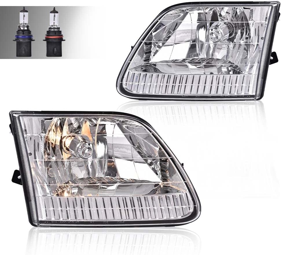 CNNELL Headlight Assembly Compatible with Ford F150 1997-2003 /Fit for Ford F150 Heritage 2004/Fit for Ford F250 1997-1999 Driver & Passenger Side Clear Lens Chrome Housing 3L3Z13008DA FO2502139