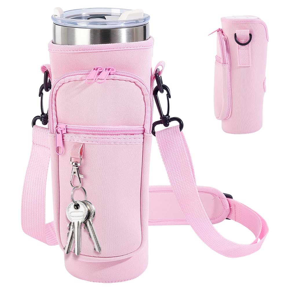 CRAFTYMELODY 2Pcs Water Bottle Carrier Bag with Phone Pocket Adjustable Strap 40oz Thumbler Neoprene Sports Water Bottle Holder Pouch with 3 Pockets Soft Sponge Padding for Walking Hiking Camping Pink
