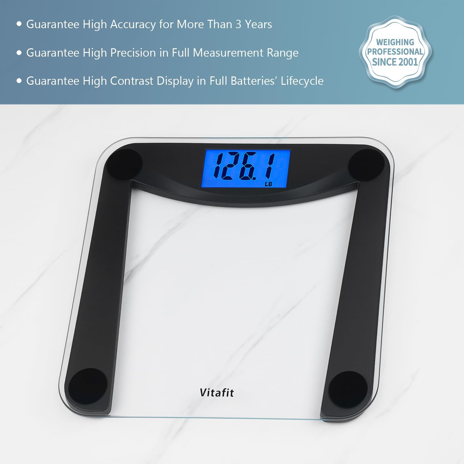 vitafit digital bathroom weight scale for body weight, high accuracy assured by weighing professional since 2001,extra large blue backlit lcd and step-on, 400lb/182kg, superb black digital black
