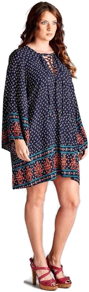 Criss Cross Bell Sleeve Floral Print Bohemian Tunic Dress (Medium, Navy)