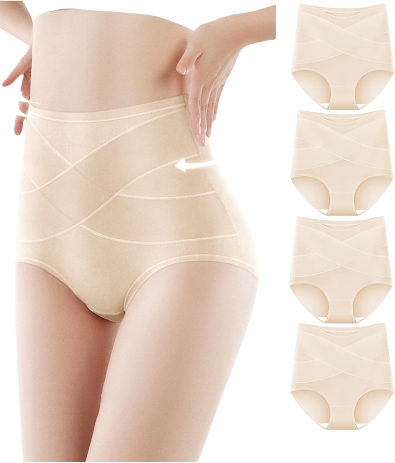 Women's Stylish High Waisted Cotton Breathable Thin Underwear Full Coverage Tummy Control Briefs 4 Pack