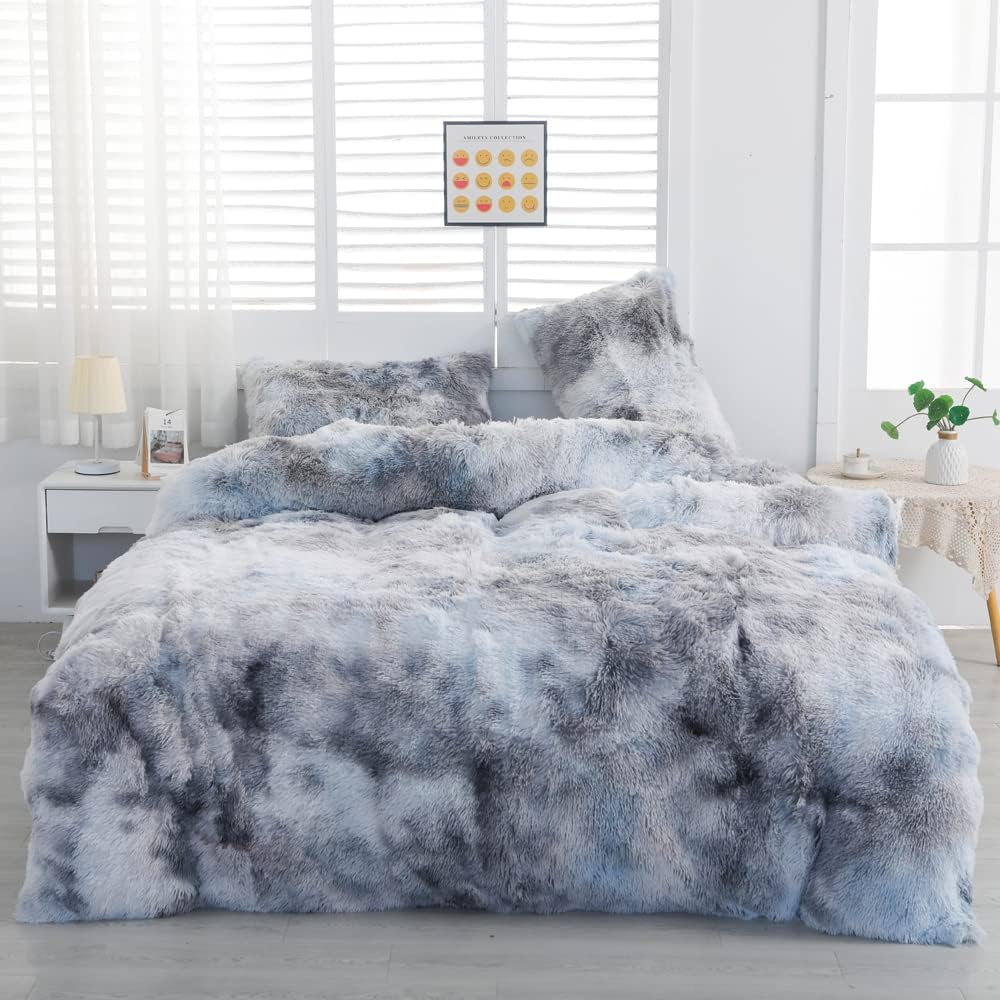 chovy Faux Fur Plush Tie-Dyed Black White Gray Colorful Comforter Sets Twin/Full Size - Ultra Soft Shaggy Flannel Velvet Fluffy Fuzzy 3PC Bedding Set (Comforter x 1 Pillowcases x 2)