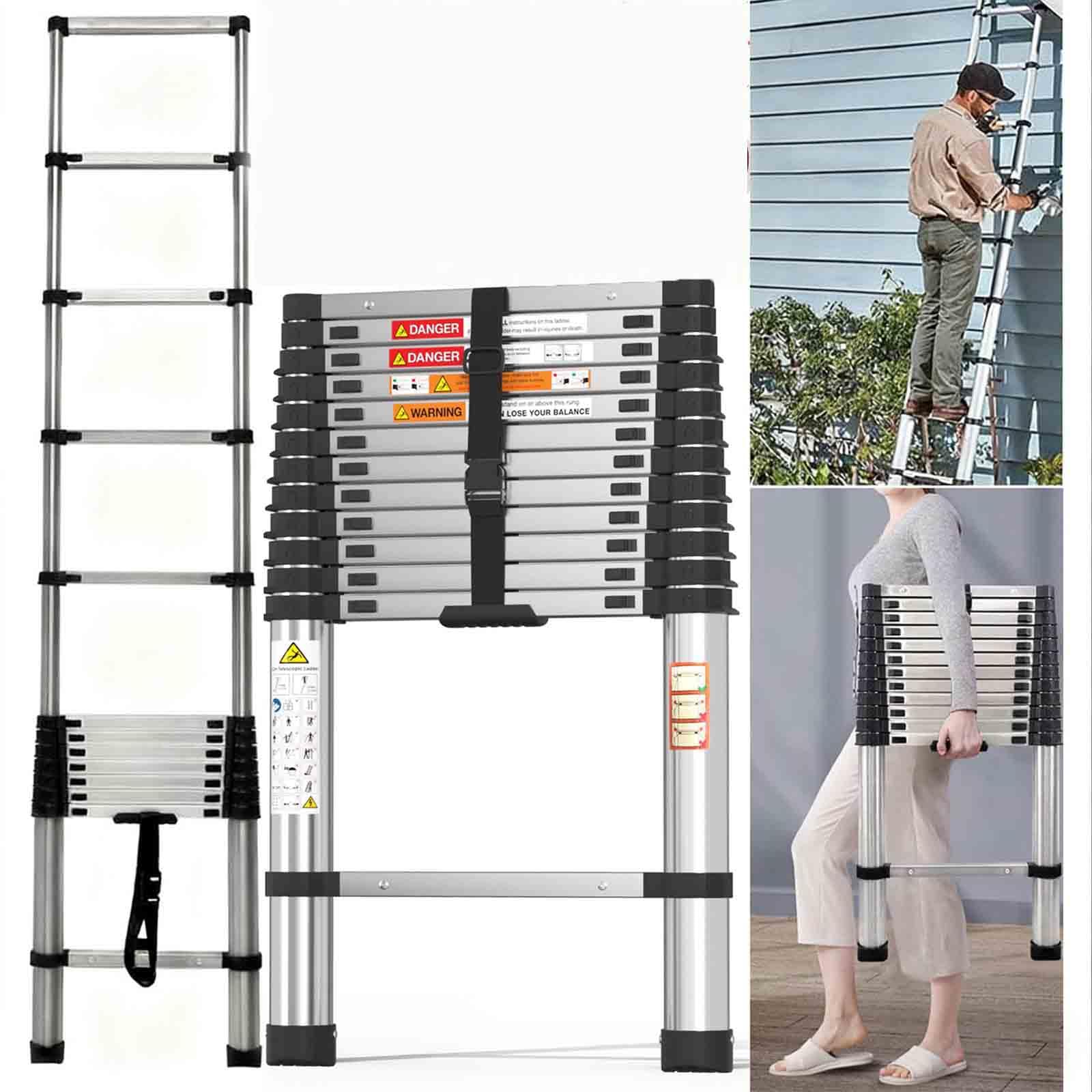 Telescopic Ladder, Portable 3.8M Stainless Steel Thickened High-Strength Ladder with Non-Slip Feet for Roof Attic Caravans