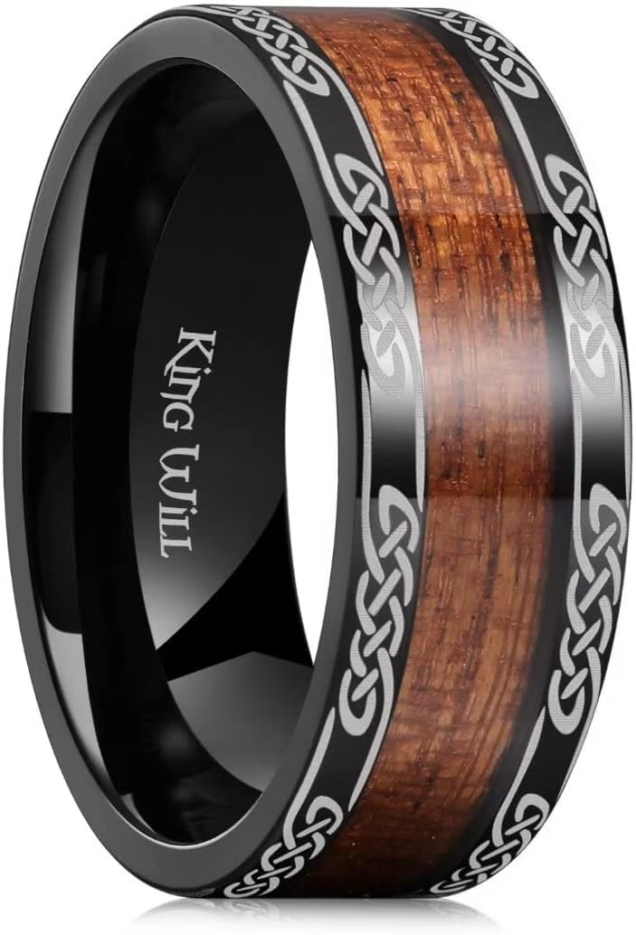 King Will 8mm Black Titanium Ring Koa Wood Inlay Celtic Knot Laser Wedding Ring High Polished for Women Men Comfort Fit, Titanium, No Gemstone
