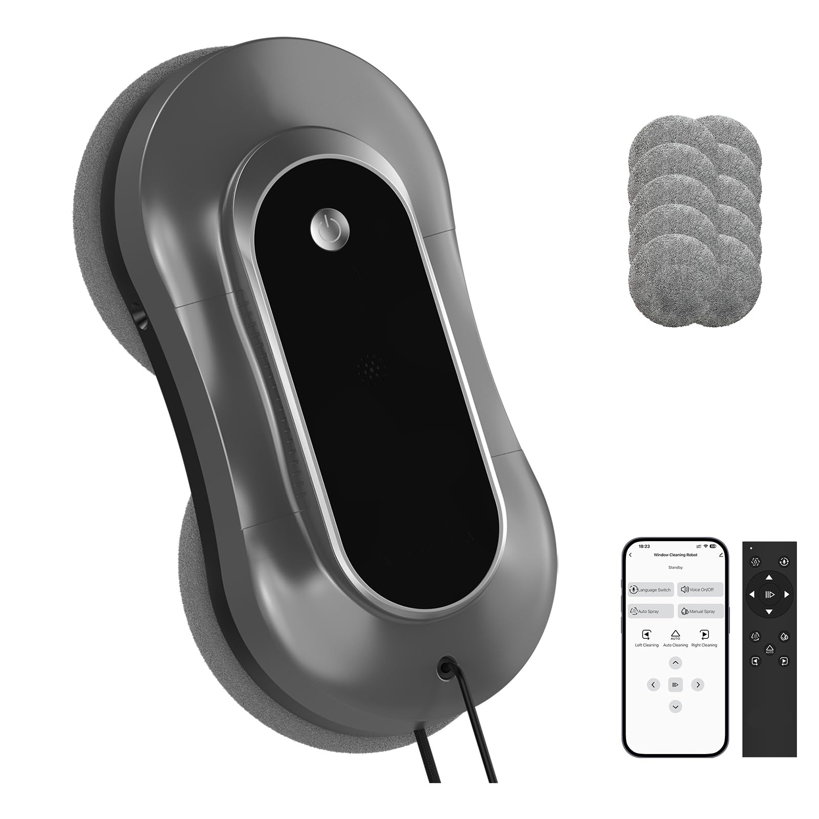 Robot Limpiacristales Inteligente, Limpiador Eléctrico de Ventanas con Doble Rociado de Agua, Control Remoto y por Aplicación, para Ventanas Interiores y Exteriores, Incluye 12 Paños, Gris