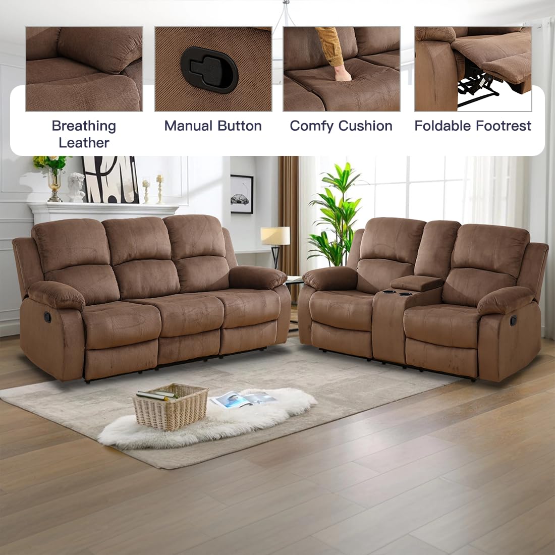 Toseslo Living Room Furniture Sets, Manual Reclining Sofa and Lovseat Set with Drop-Down Table, Corduroy Recliner Couch Sets, Recliner Sofa with Storage Console/Cup Holder for Home/Apartment(Brown) view 4