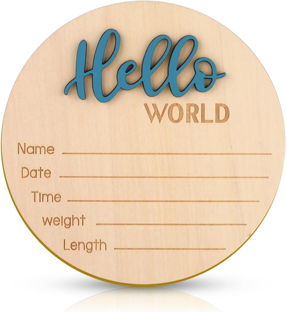 NQEUEPN Announcement Sign Baby, 15 cm Wooden "Hello World" Welcome Sign for Newborn Name Plate Baby Birth for Photo Props Baby Shower Hospital Nursery (Blue)