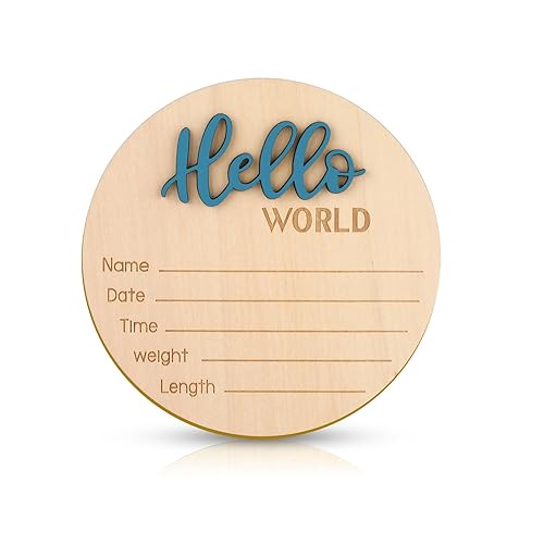 Letrero de anuncio de bebé, 5.9 pulgadas de madera con texto en inglés Hello World para recién nacido, placa de nombre de nacimiento para accesorios