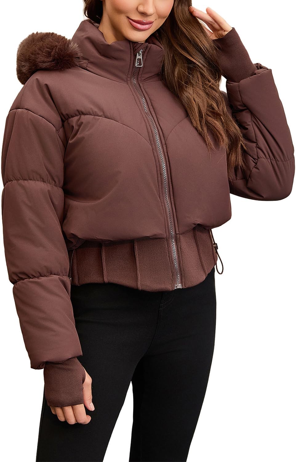 Women's Winter Cropped Puffer Jacket Warm Thicken Coat with Faux Fur Removable Hood